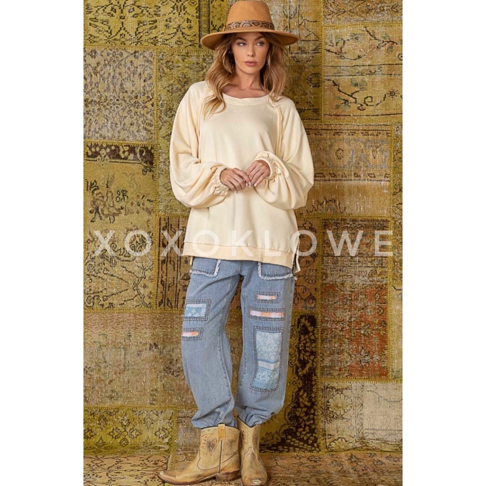 POL Butter Cream French Terry Criss Cross Back Pullover | Slouchy Fit - Picture 5 of 13